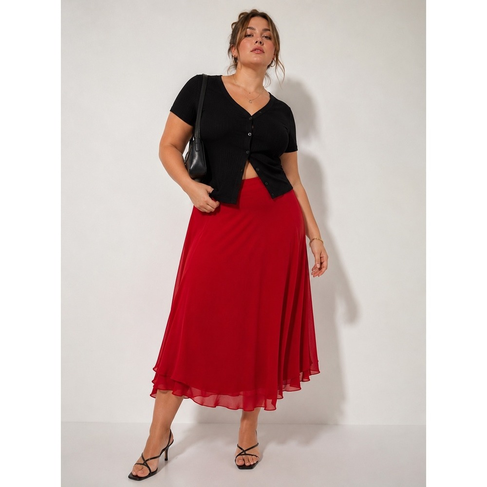 Nite Line Red 100% Silk Flared Midi Skirt Layered Ruffle Hem Vintage Womens 16